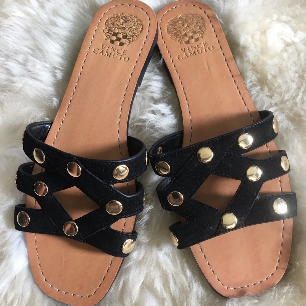 VINCE CAMUTO BLACK SUEDE GOLD STUD SLIDE SANDALS